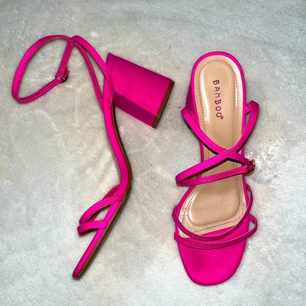 Bamboo Pink Suede Block Heels 10, worn at baby shower at my house/back patio.